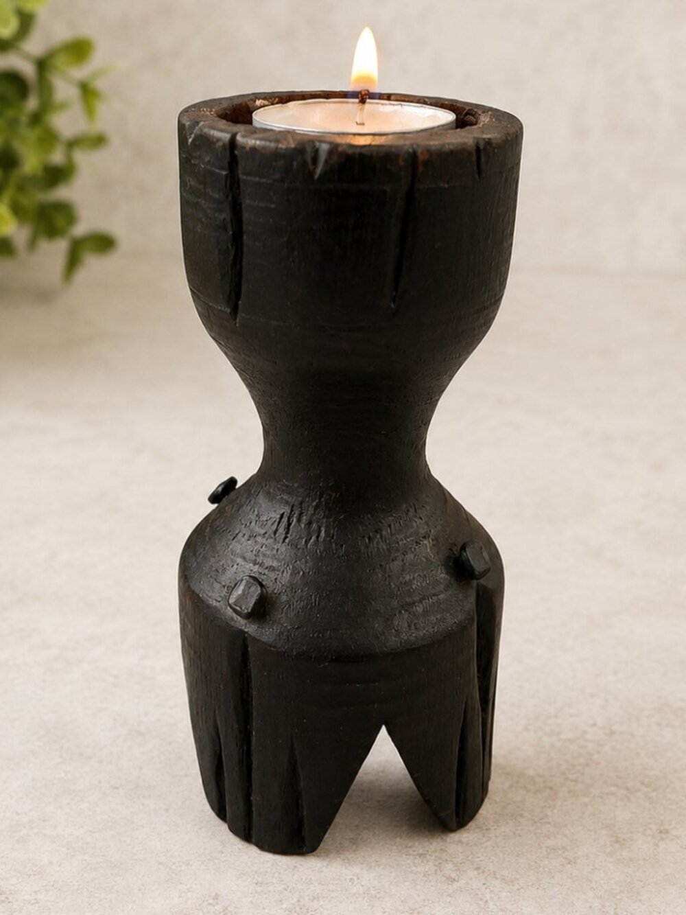 Antique 1900s Ebonised Wood Hand Carved Primitive Candle Holder Brass Nails